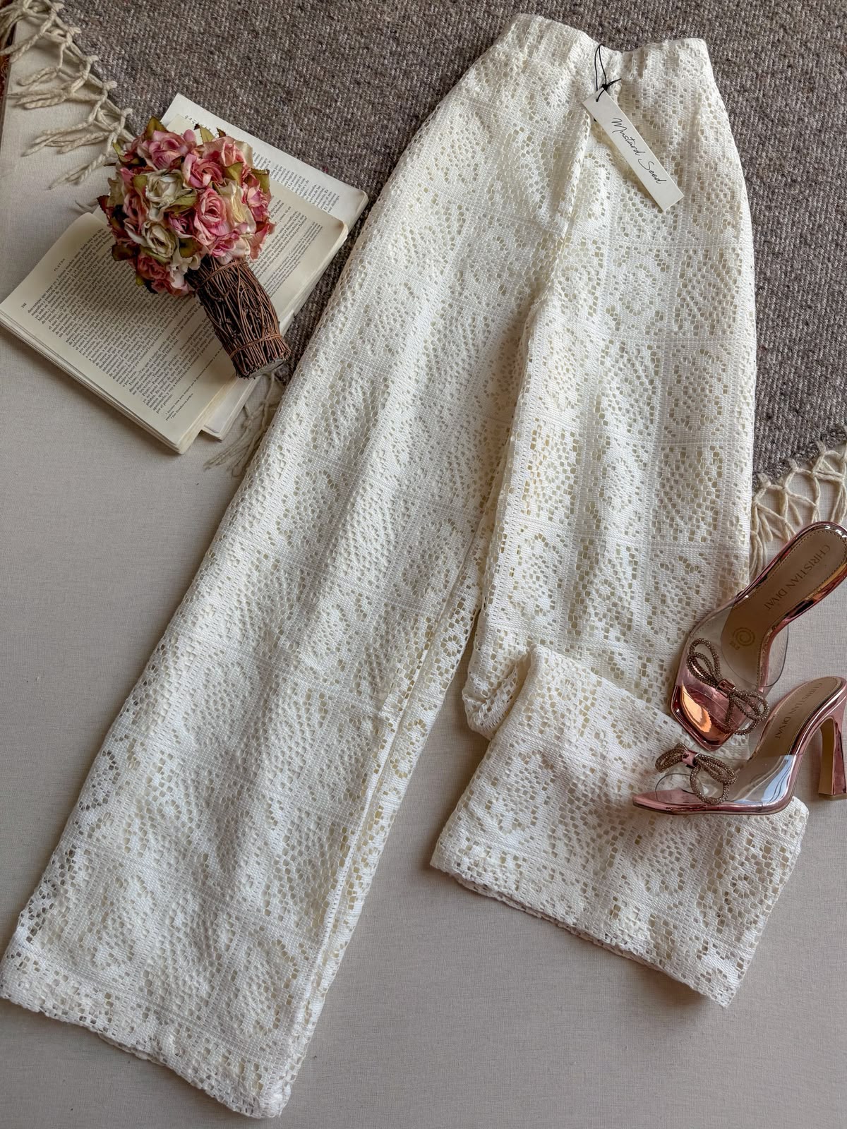 Pantalon Blanco MUSTARD SEED Bordado De Cuadros y Florecitas
